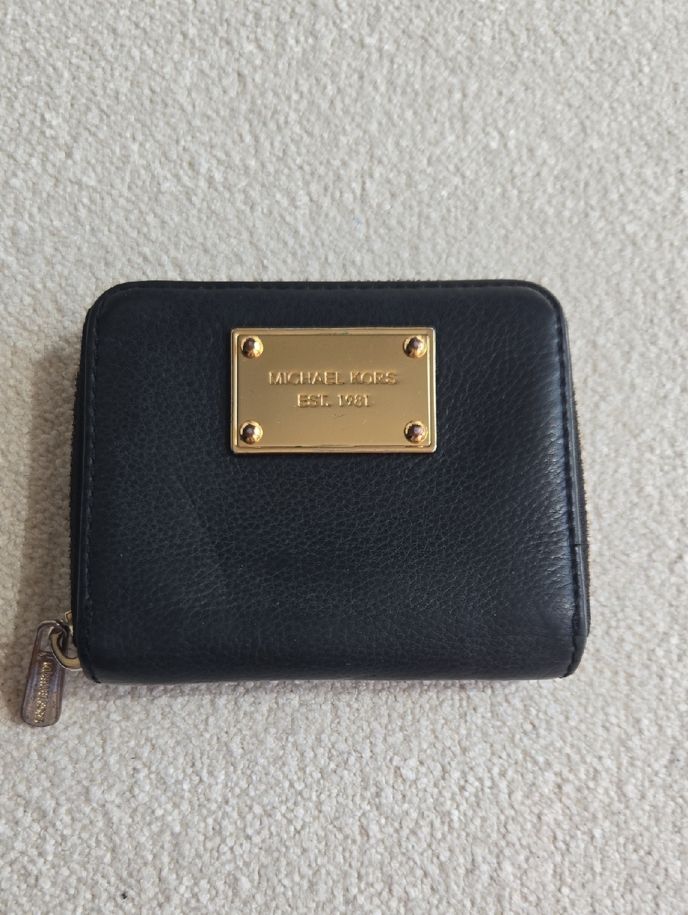 Michael Kors Black Pebbled Leather Zip Wallet with Gold Trim